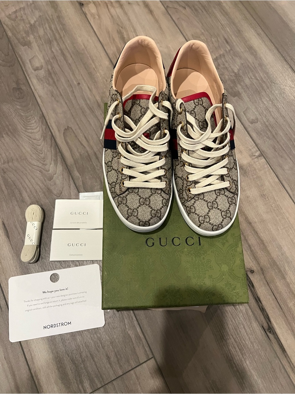Gucci GG Supreme Canvas Sneakers in Beige with Red & Blue Web